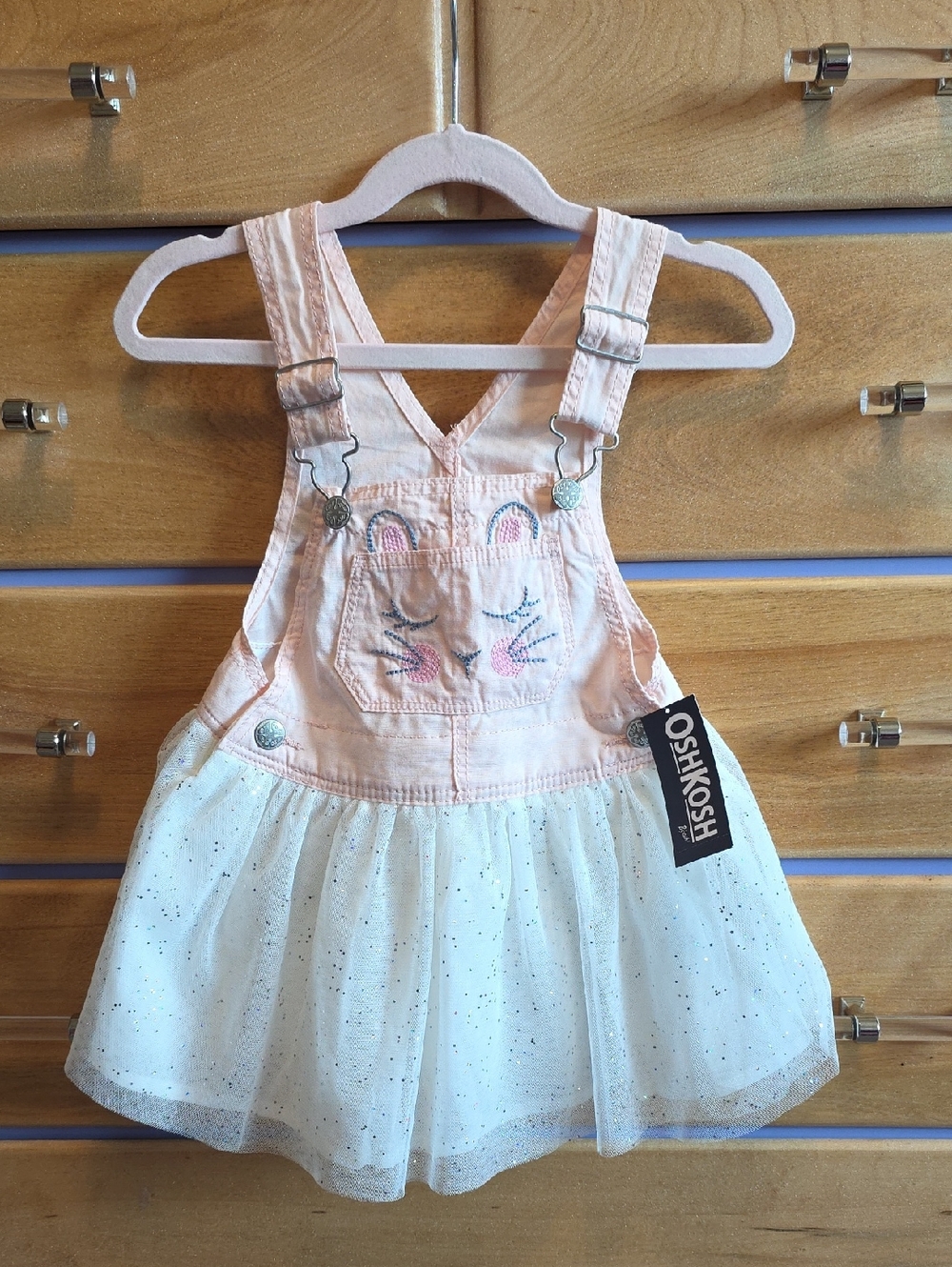 OshKosh B'gosh Pink Bunny Embroidered Denim-Style Tulle Skirt Overall - 2t NWT